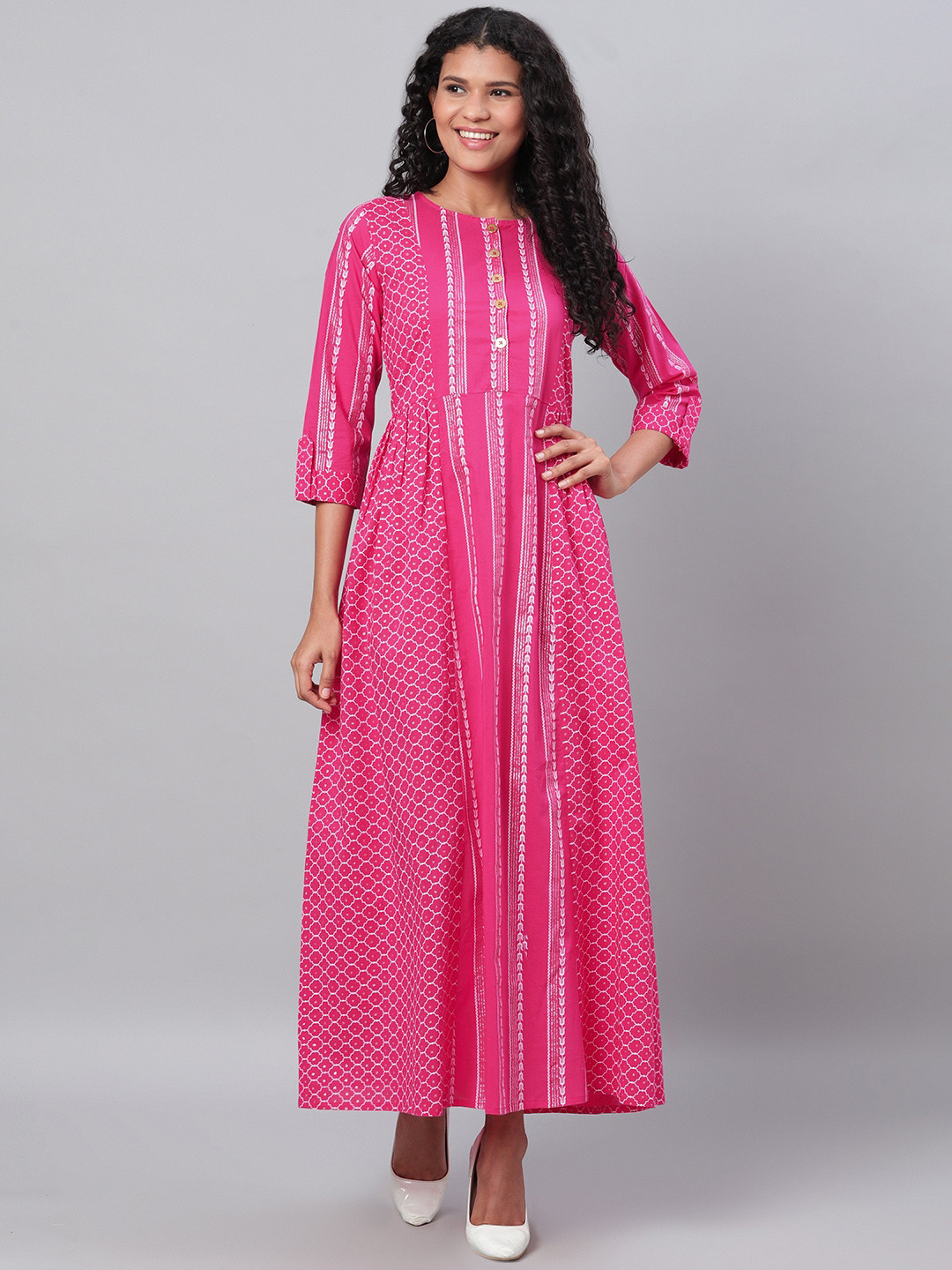 

Myshka Women Pink & White Printed Maxi Dress