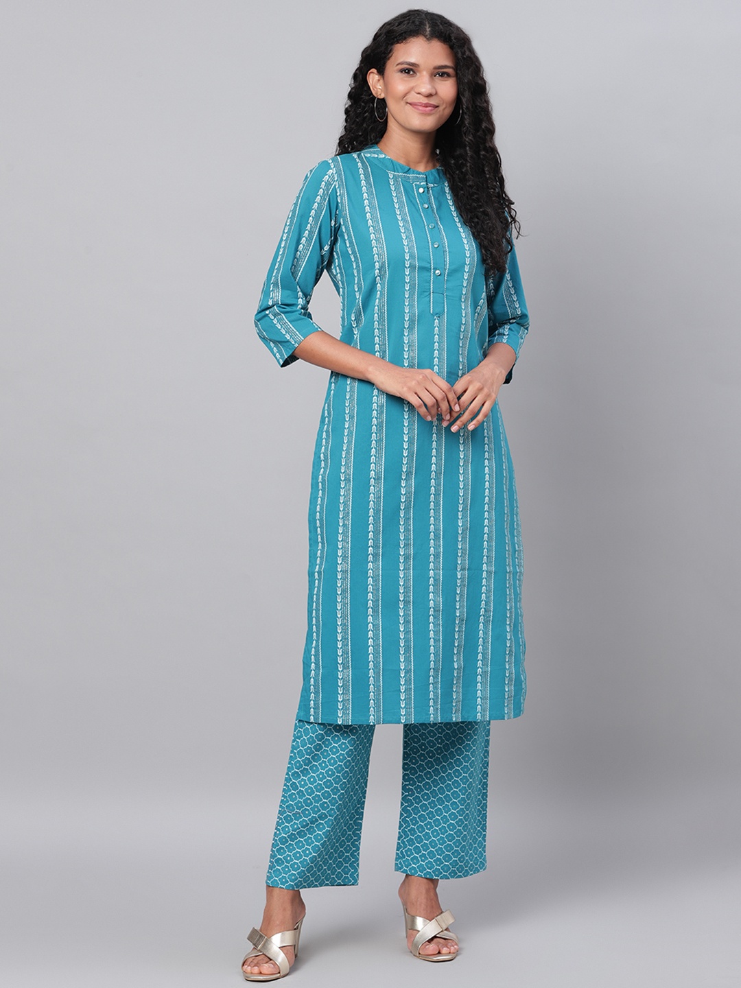 

Myshka Women Blue & White Striped Kurta with Trousers