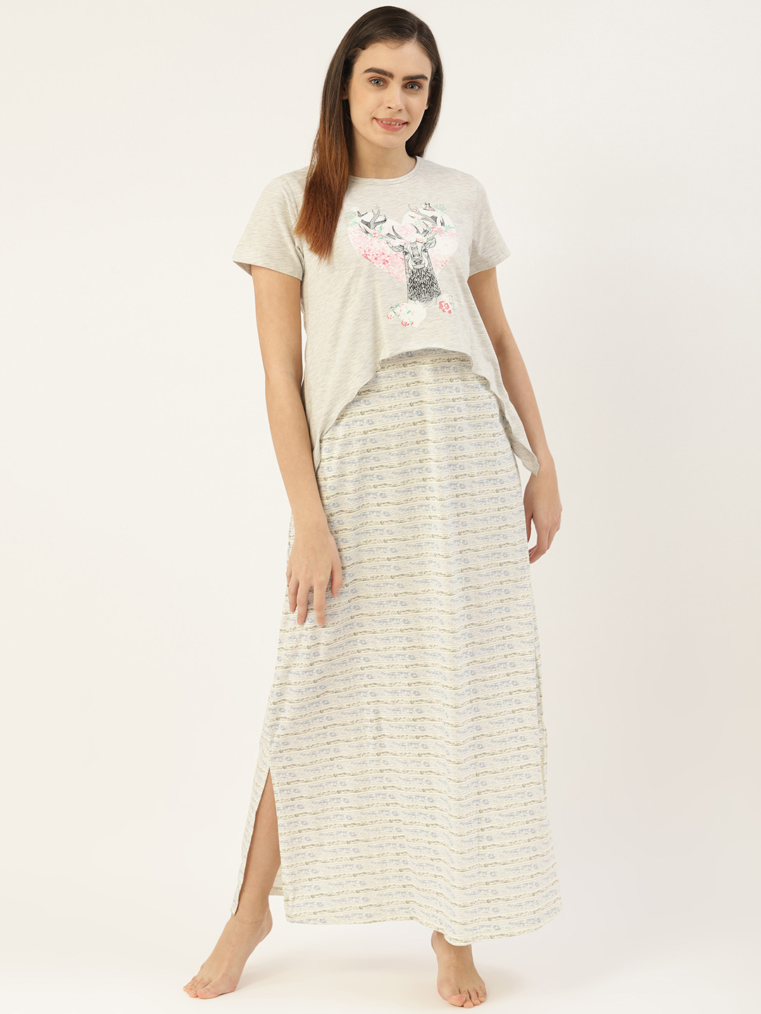 

Sweet Dreams Women Off-White & Grey Striped Maxi Nightdress with Dipped Hem T-Shirt