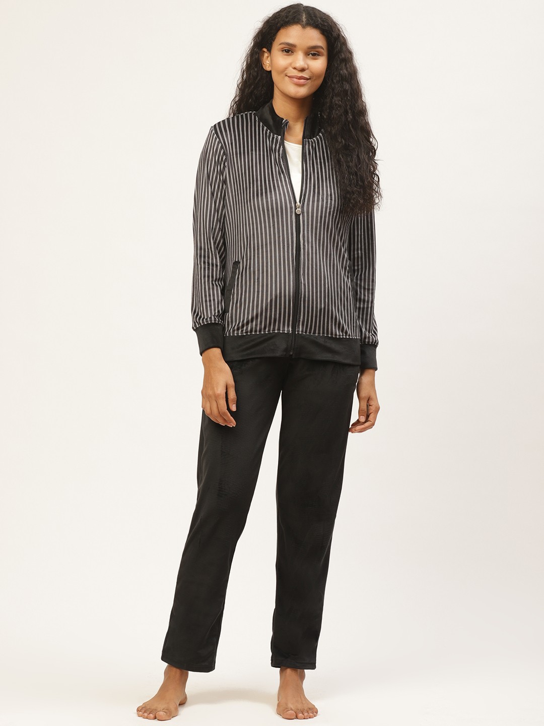 

Sweet Dreams Women Black & White Velvet Finish Striped Night suit