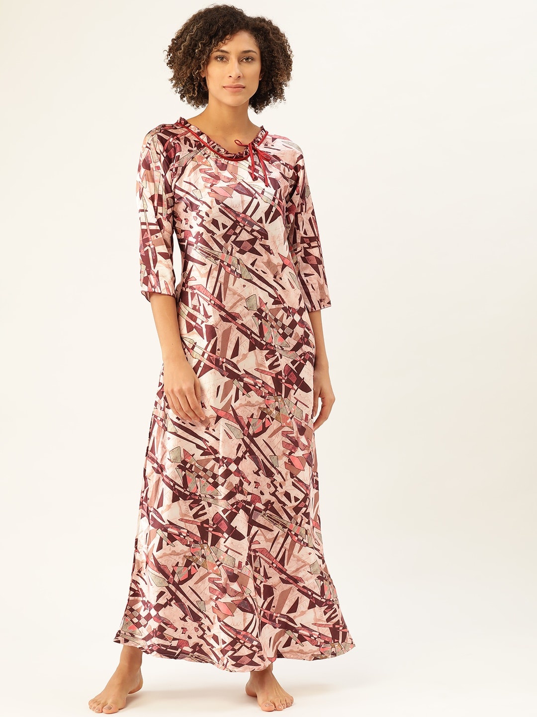 

Sweet Dreams Women Peach-Coloured & Burgundy Satin Finish Printed Nightdress