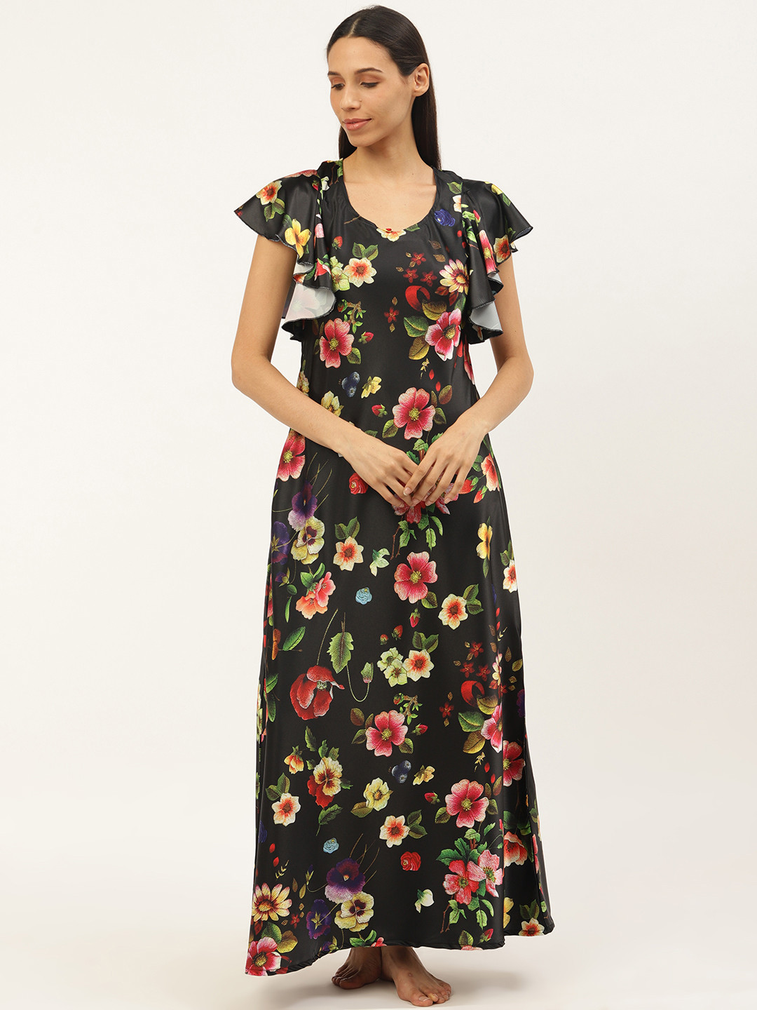 

Sweet Dreams Black & Pink Floral Print Satin Finish Nightdress