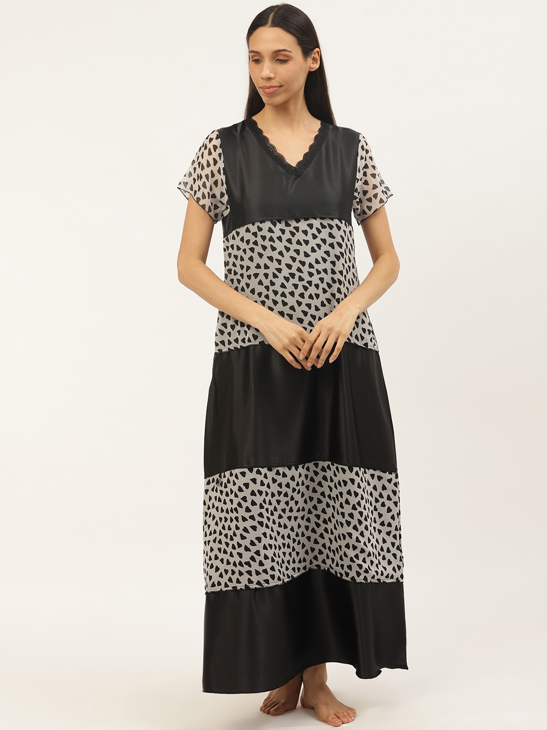 

Sweet Dreams Black & Grey Printed Nightdress