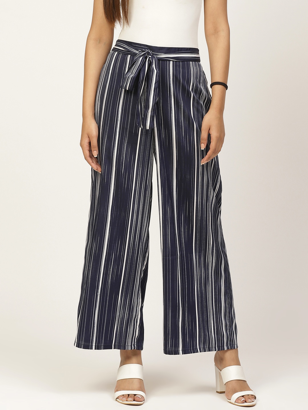 

ZIZO By Namrata Bajaj Women Navy Blue & White Regular Fit Striped Parallel Trousers