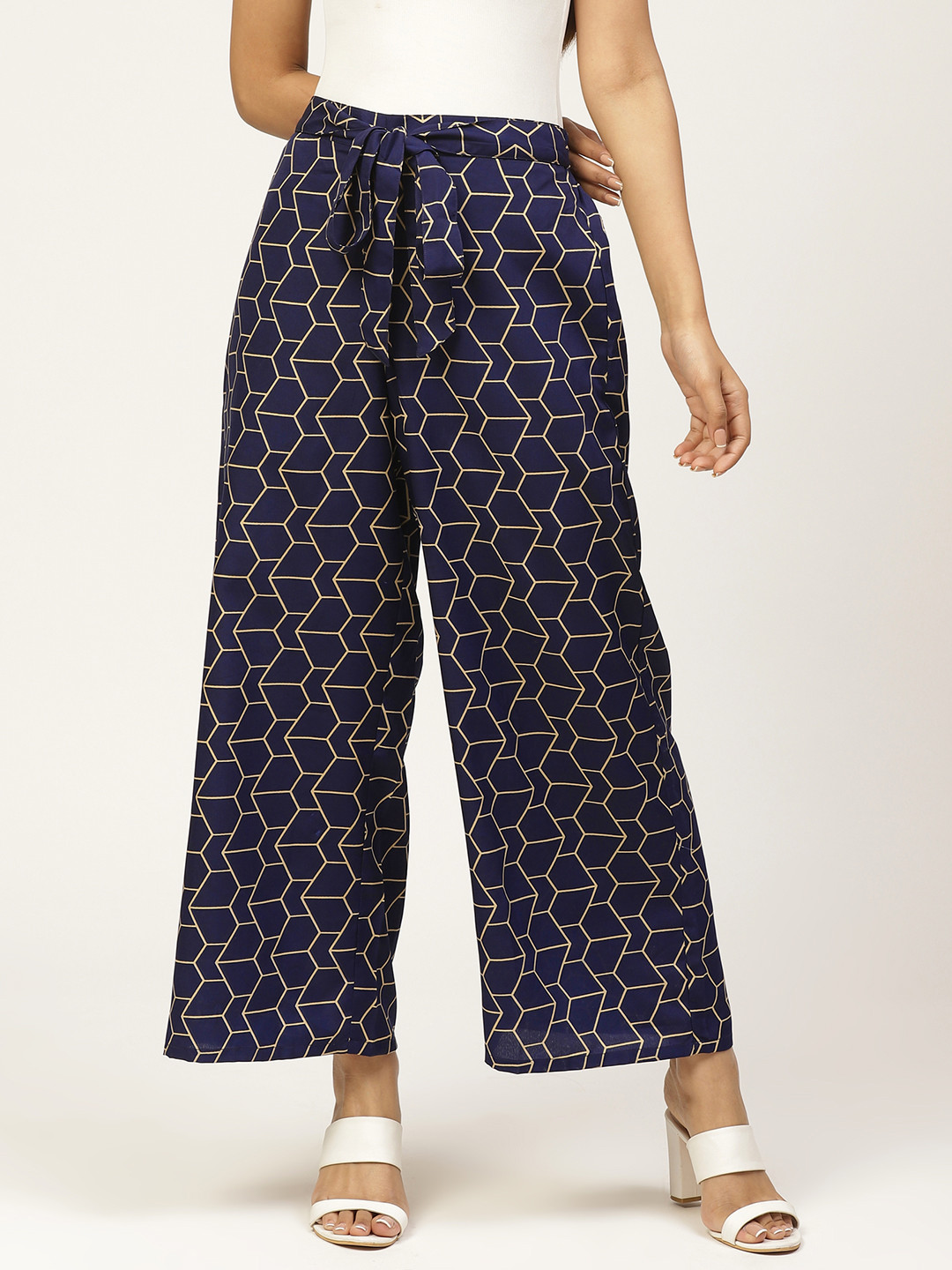 

ZIZO By Namrata Bajaj Women Navy Blue & Yellow Regular Fit Printed Parallel Trousers