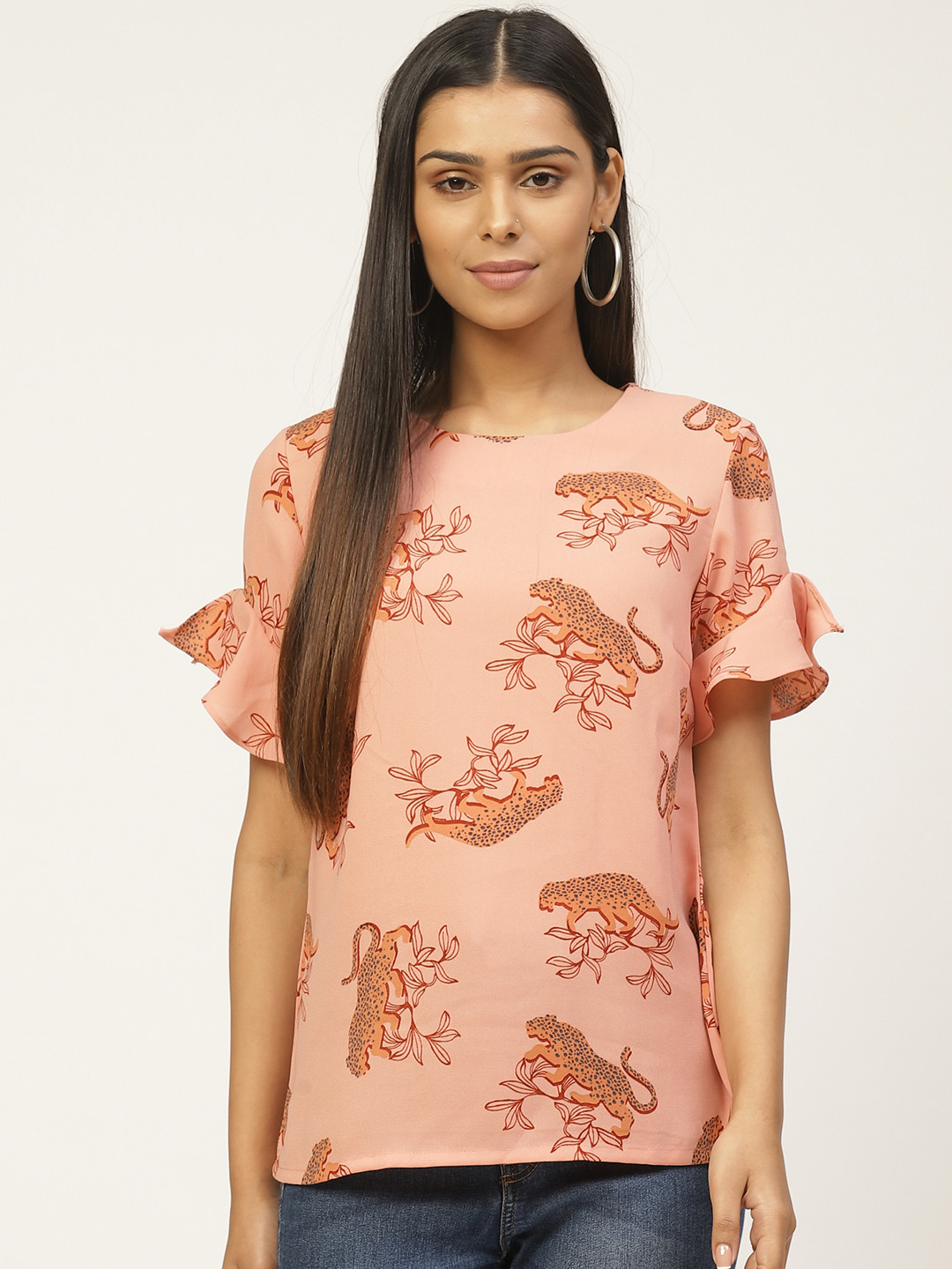 

ZIZO By Namrata Bajaj Women Peach-Coloured & Maroon Tiger Print Top