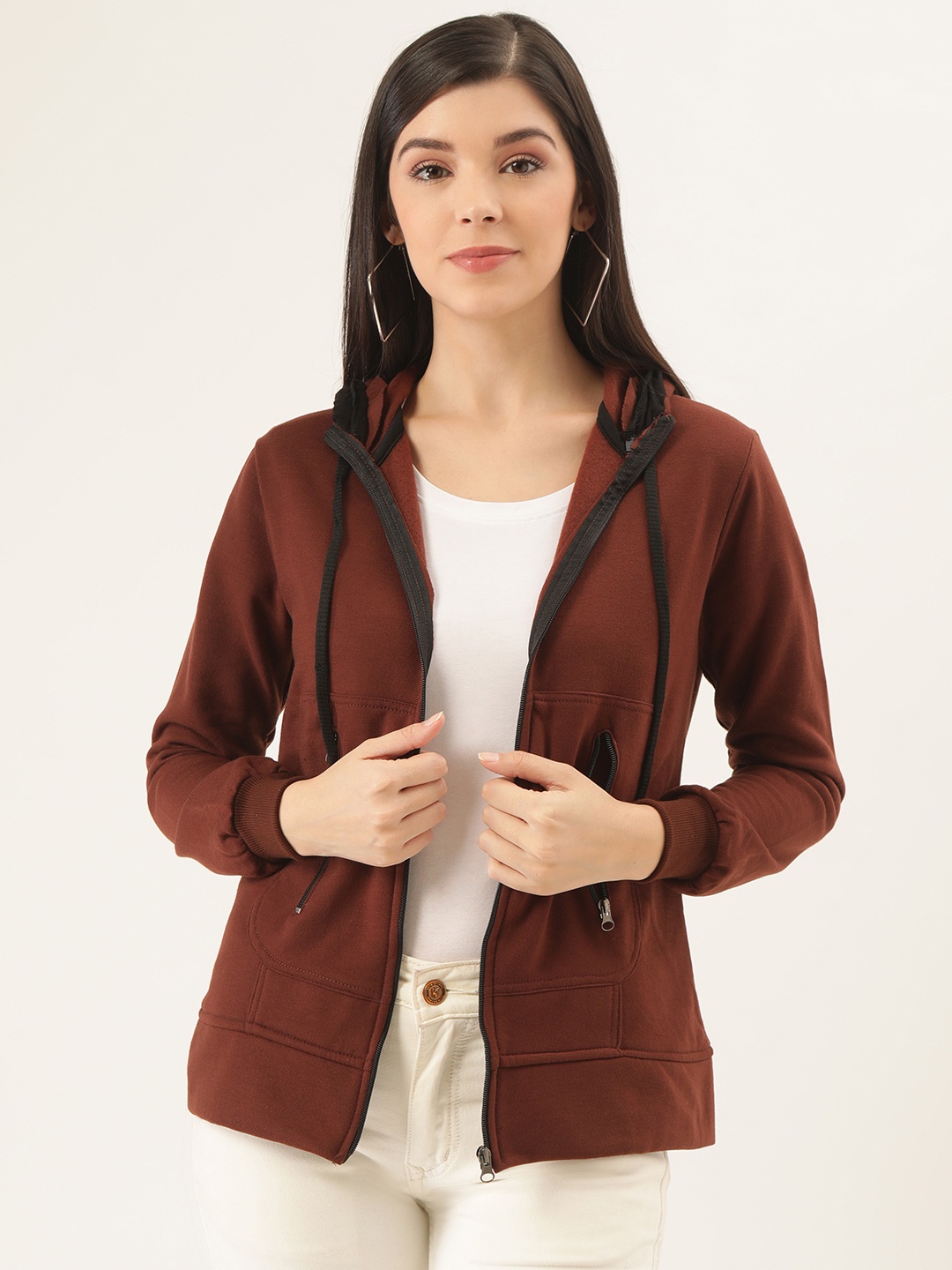 

Belle Fille Women Brown Solid Hooded Sweatshirt