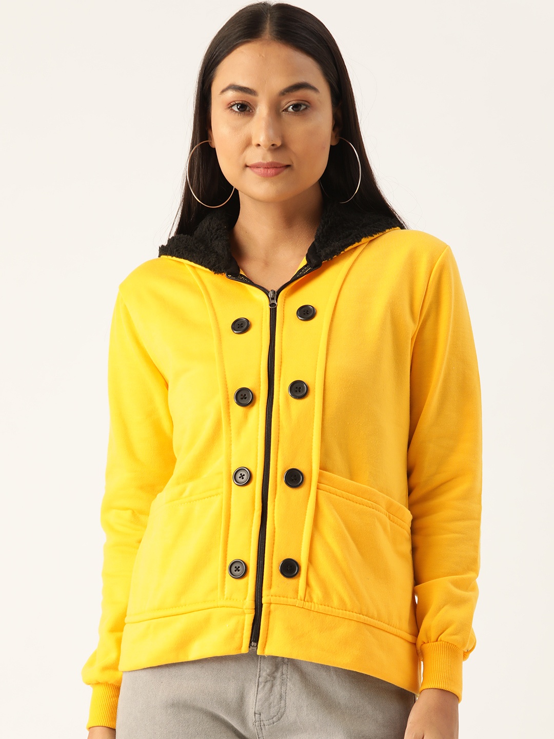 

Belle Fille Women Yellow Solid Hooded Sweatshirt