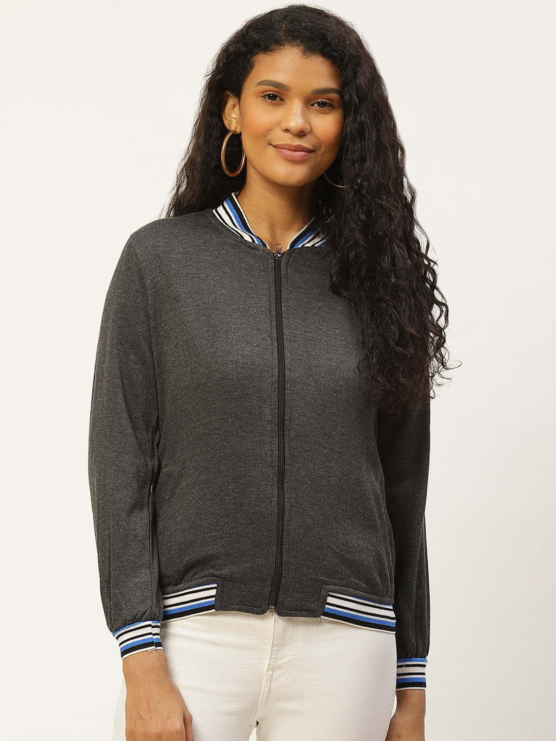 

Belle Fille Women Charcoal Grey Solid Varsity Jacket