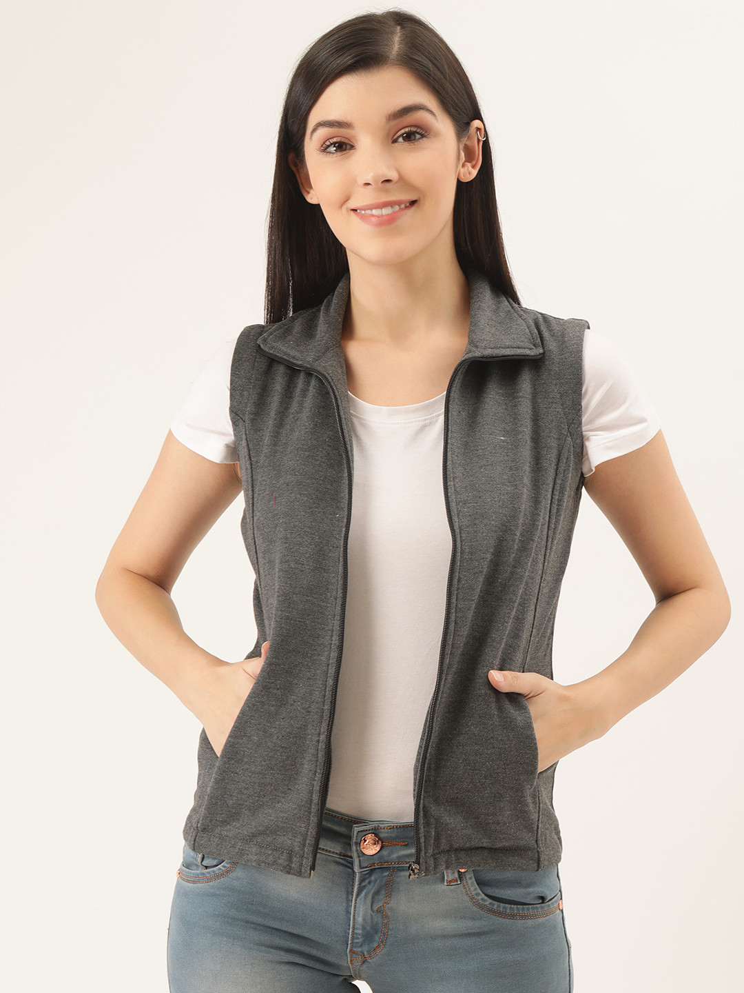 

Belle Fille Women Charcoal Grey Solid Tailored Jacket