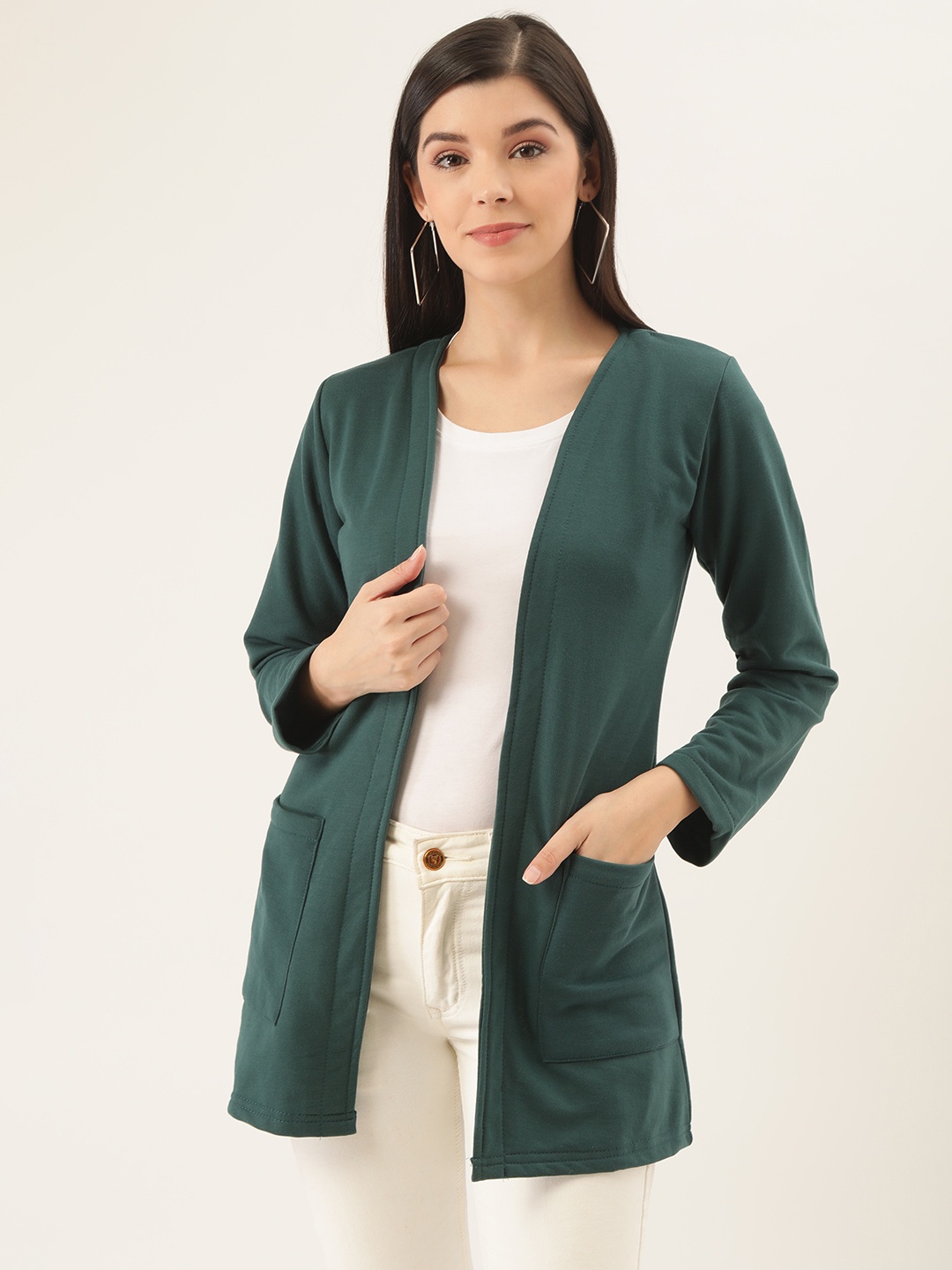 

Belle Fille Women Green Solid Longline Open Front Jacket