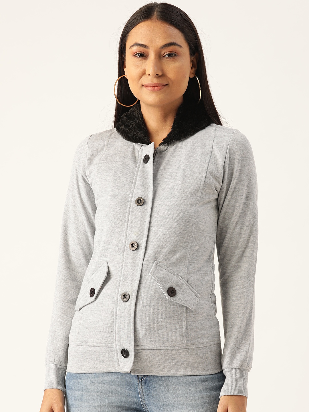 

Belle Fille Women Grey Melange Solid Hooded Sweatshirt