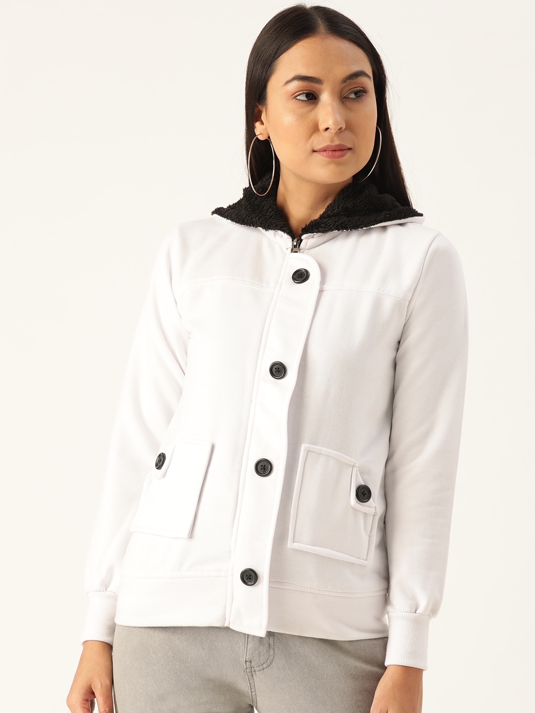 

Belle Fille Women White Solid Hooded Sweatshirt