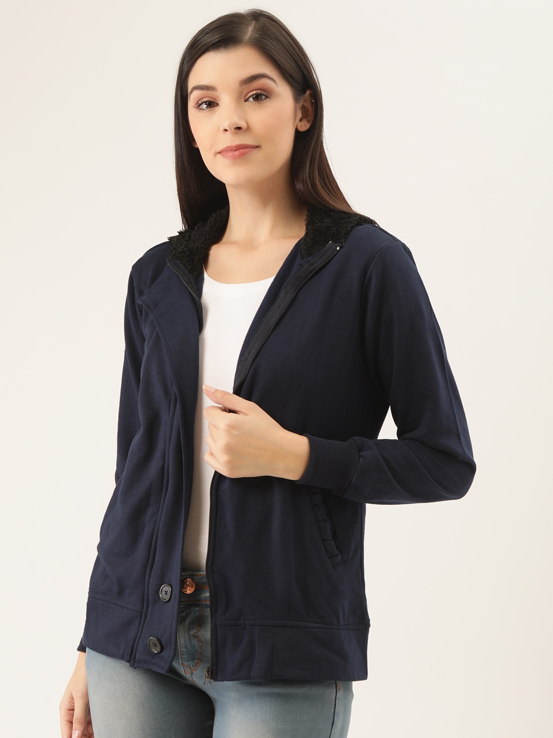 

Belle Fille Women Navy Blue Solid Tailored Hooded Jacket