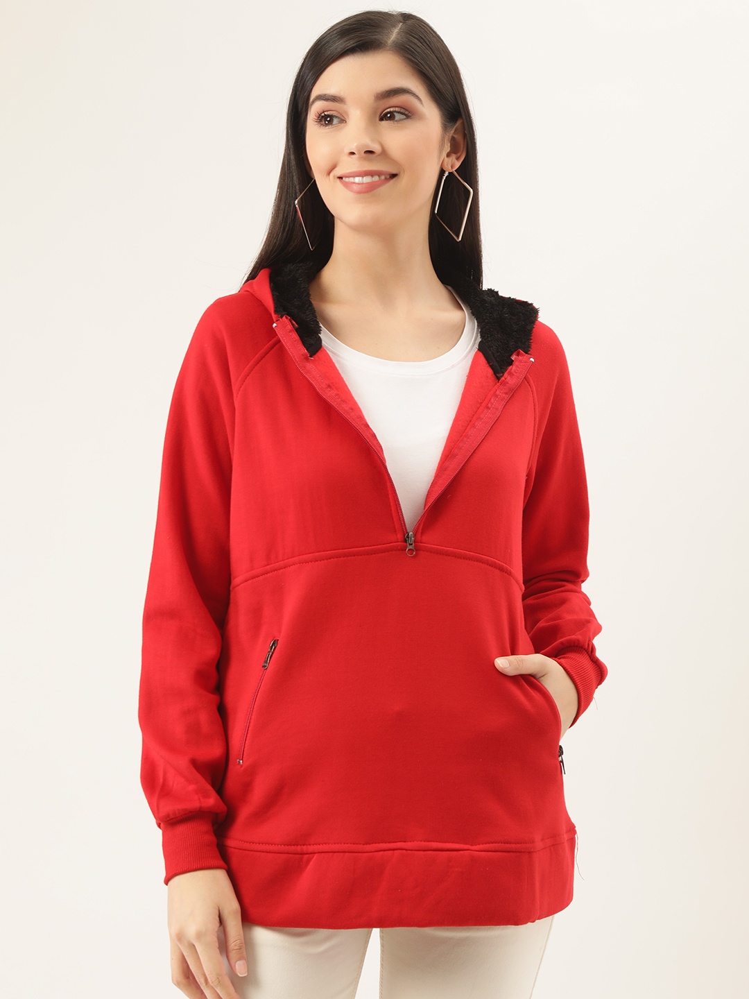 

Belle Fille Women Red Solid Hooded Sweatshirt