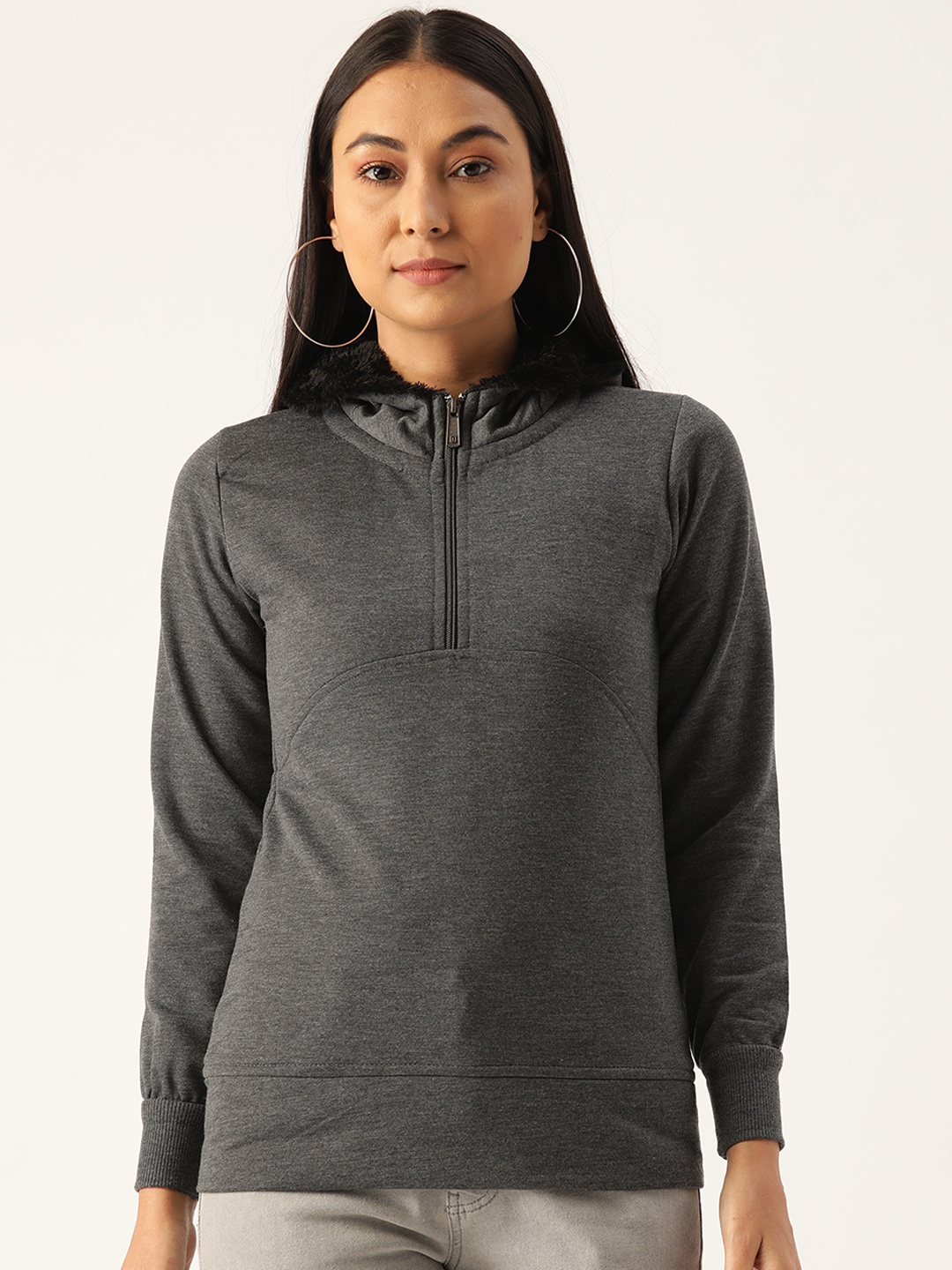 

Belle Fille Women Charcoal Grey Solid Hooded Sweatshirt