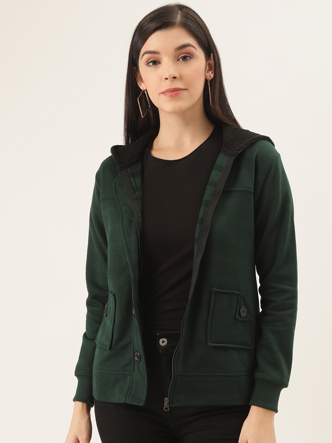 

Belle Fille Women Green Solid Tailored Hooded Jacket