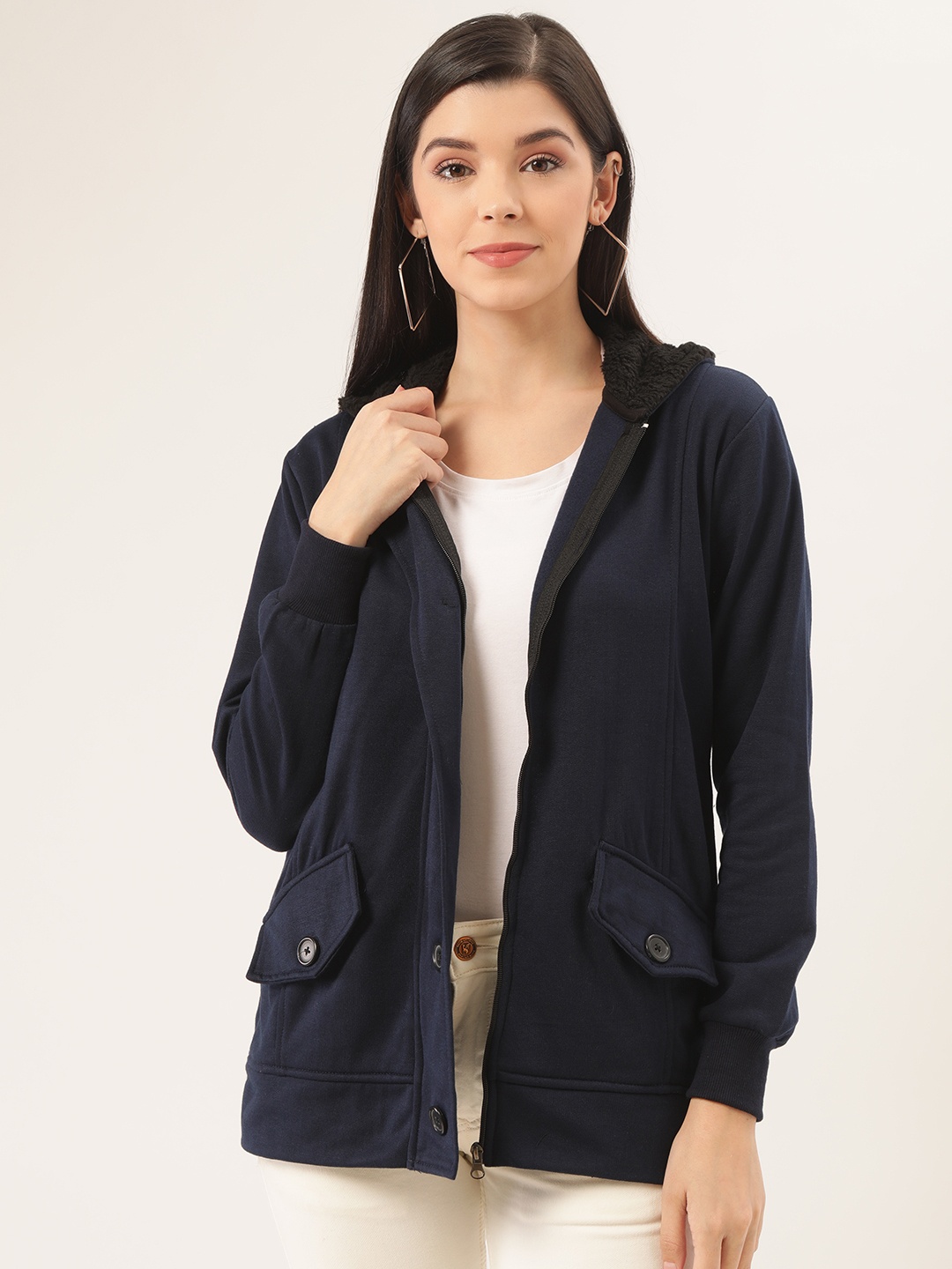 

Belle Fille Women Navy Blue Solid Tailored Hooded Jacket