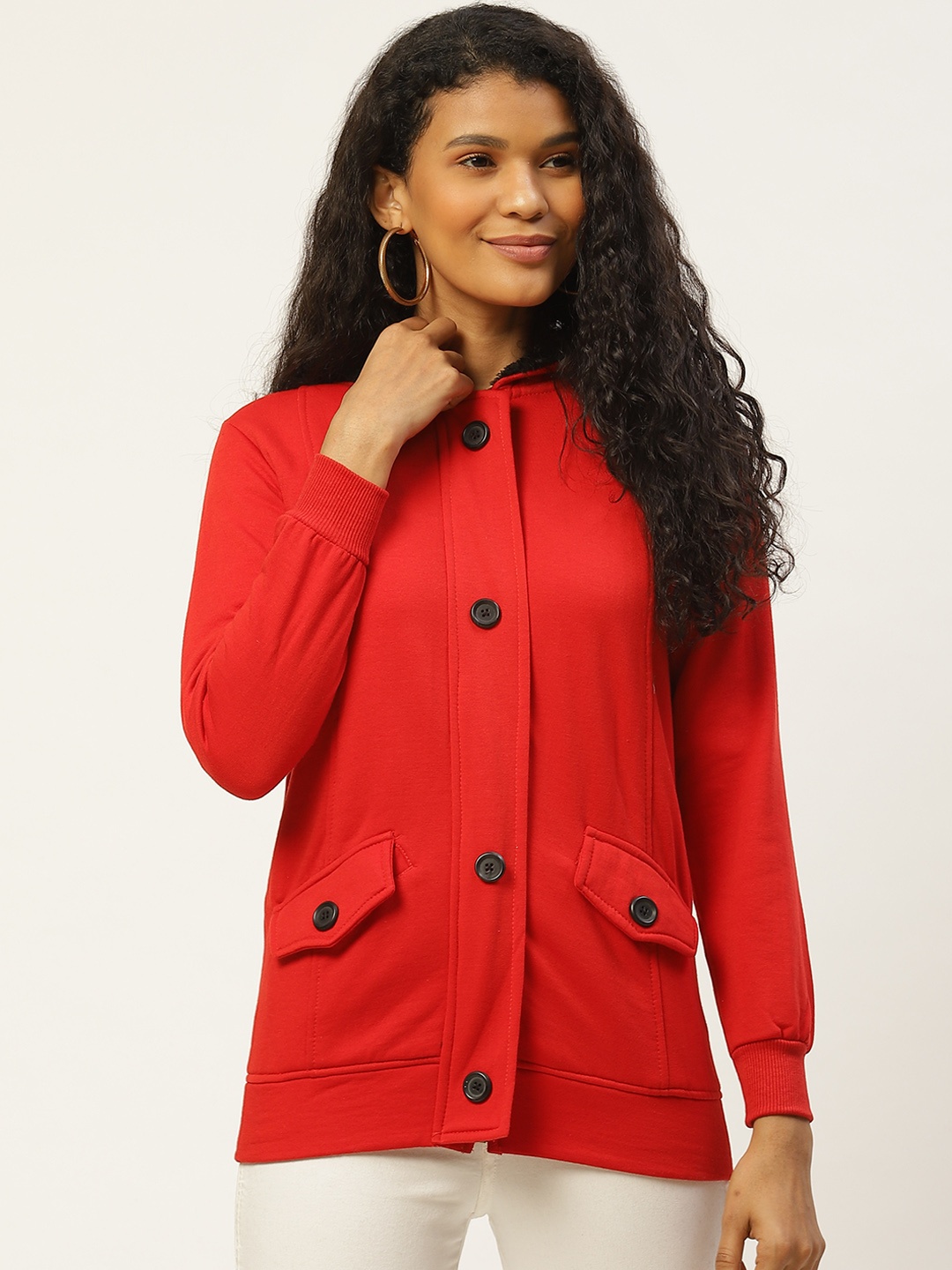 

Belle Fille Women Red Solid Hooded Jacket