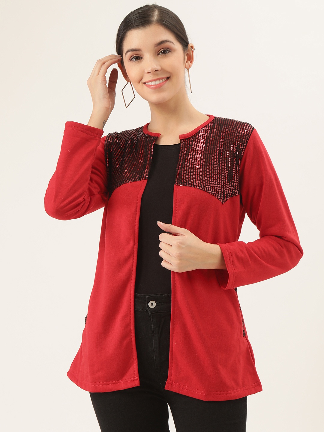 

Belle Fille Women Red & Maroon Colourblocked Longline Open Front Jacket