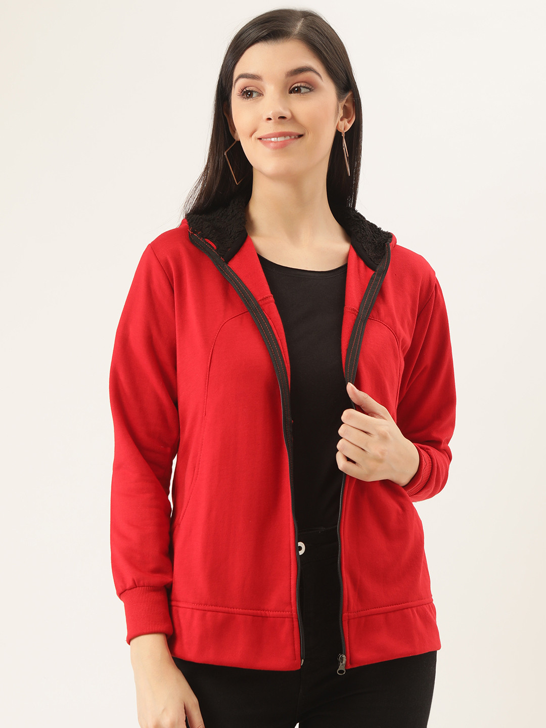 

Belle Fille Women Red Solid Tailored Hooded Jacket