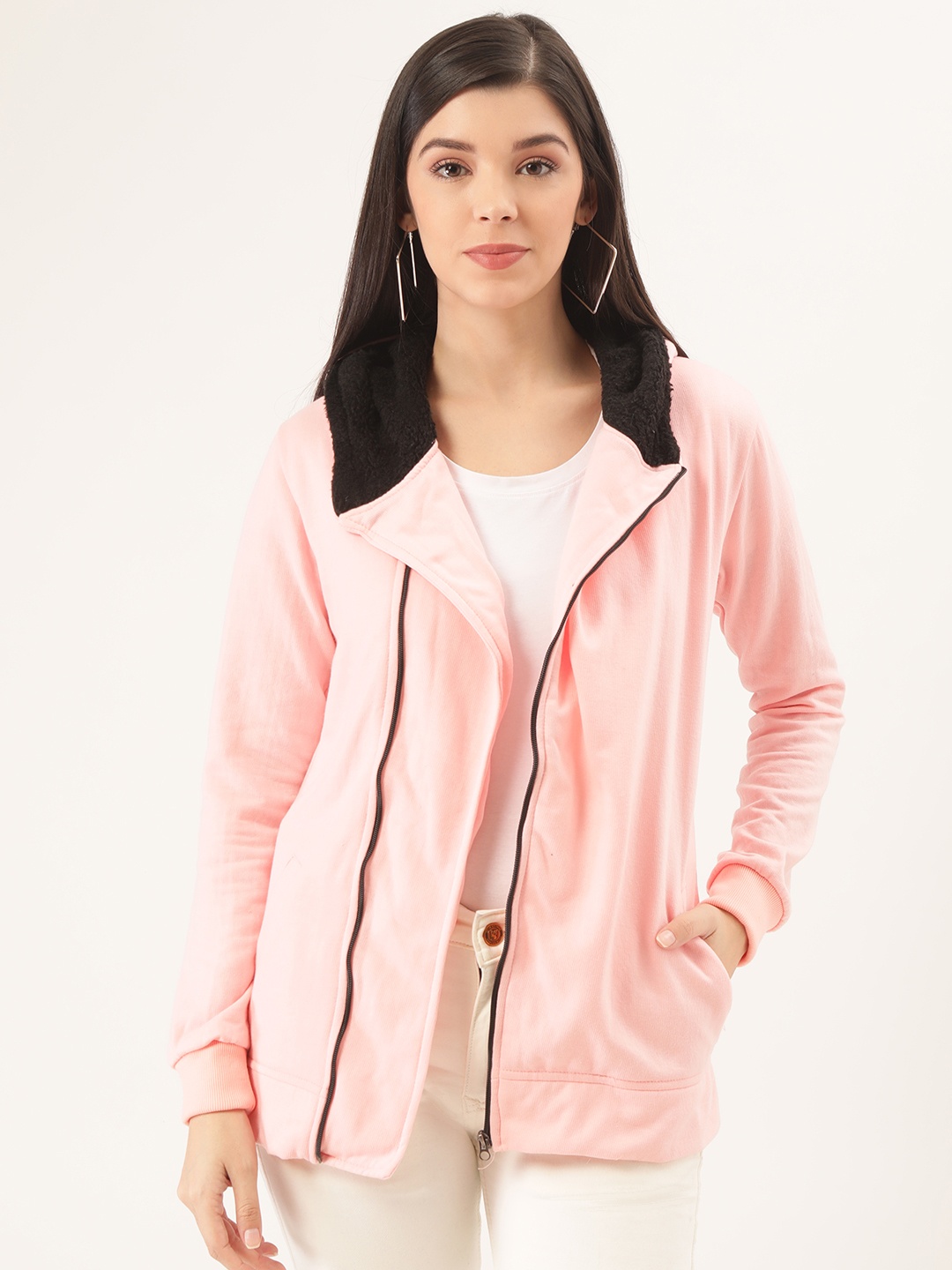 

Belle Fille Women Pink Solid Asymmetric Closure Tailored Hooded Jacket