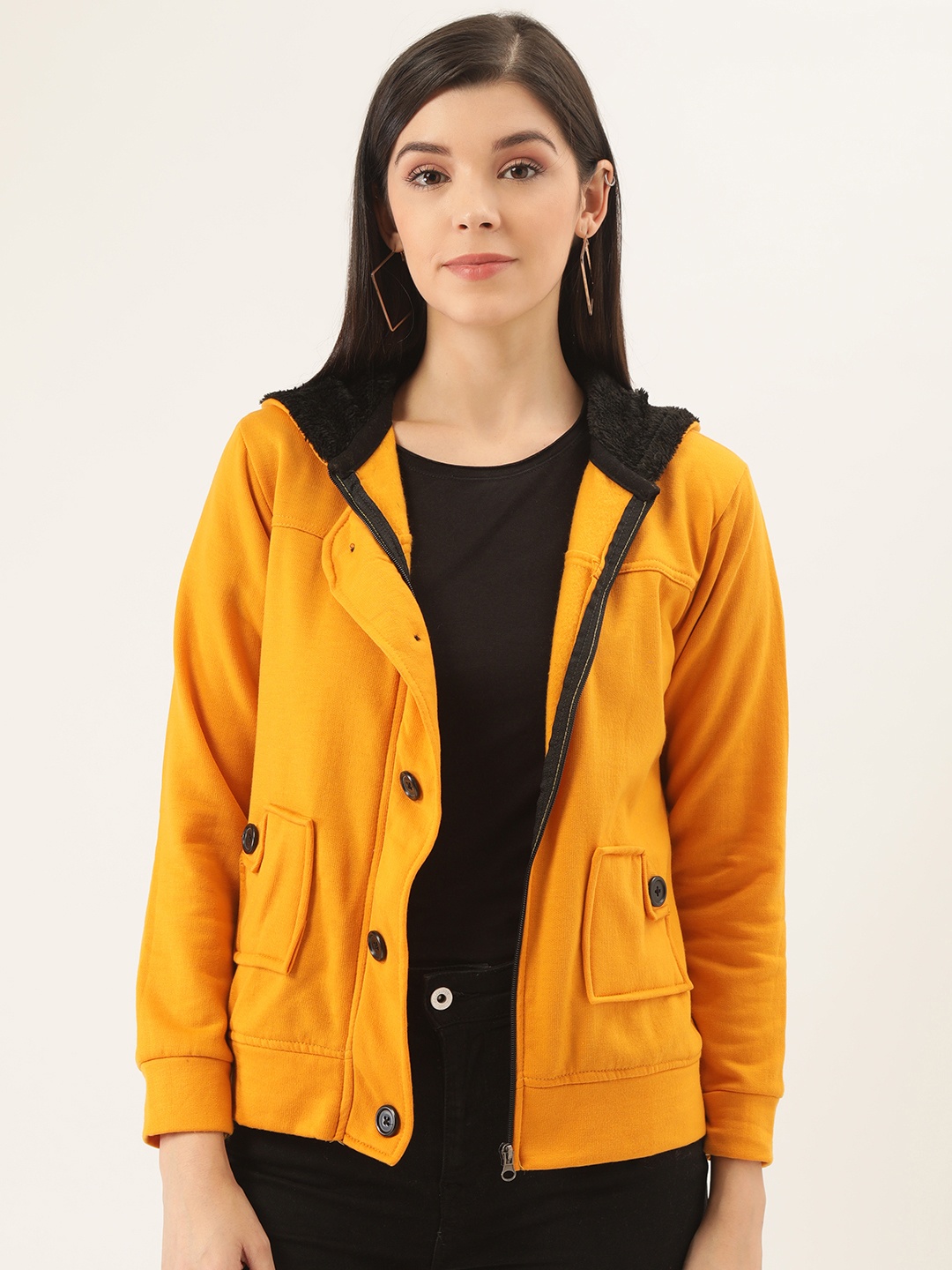 

Belle Fille Women Mustard Yellow Solid Tailored Hooded Jacket