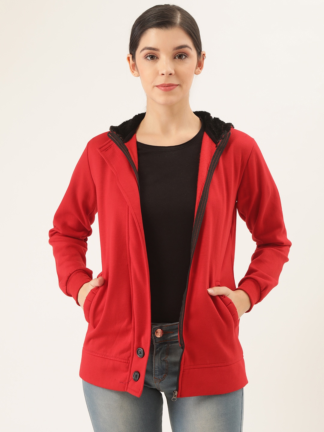 

Belle Fille Women Red Solid Tailored Hooded Jacket