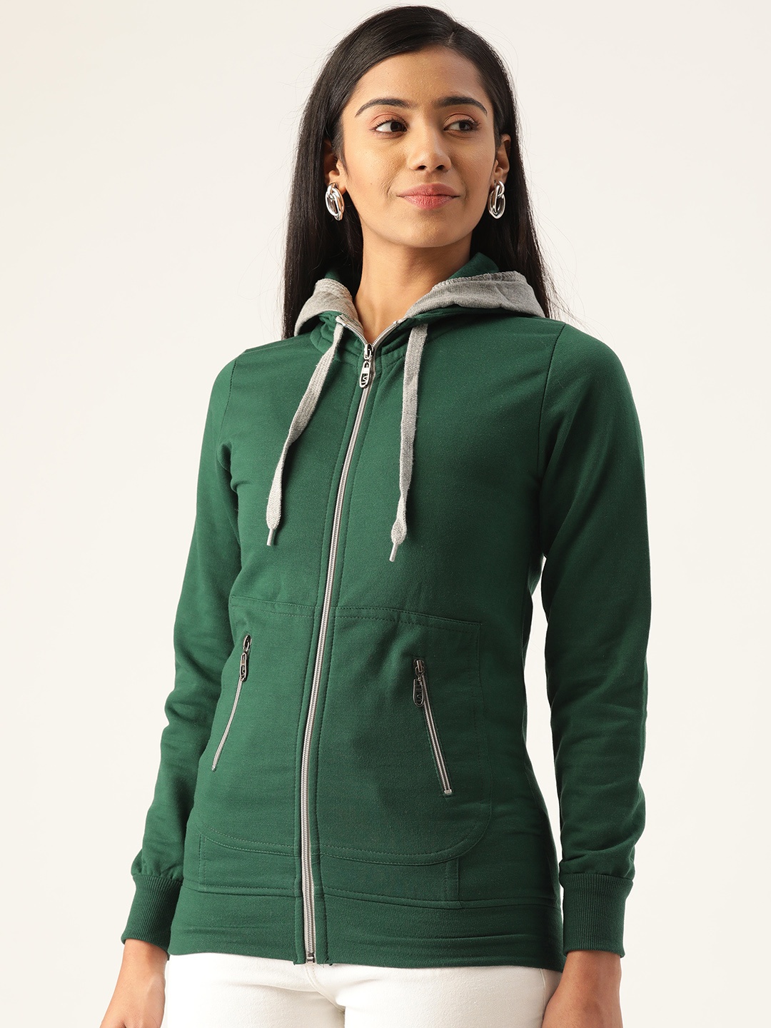 

Belle Fille Women Green Solid Hooded Sweatshirt