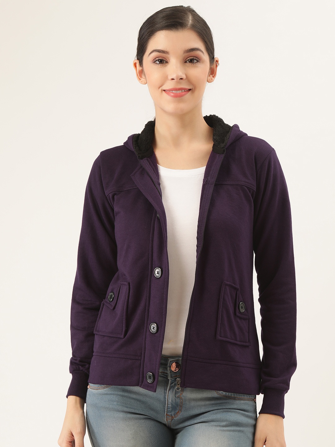 

Belle Fille Women Aubergine Solid Tailored Hooded Jacket, Purple