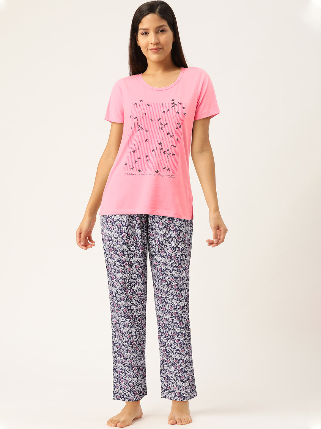 

MADAME M SECRET Women Pink & Navy Blue Printed Night suit