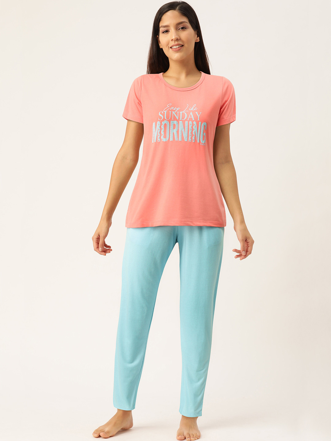 

MADAME M SECRET Women Coral Pink & Blue Printed Night suit