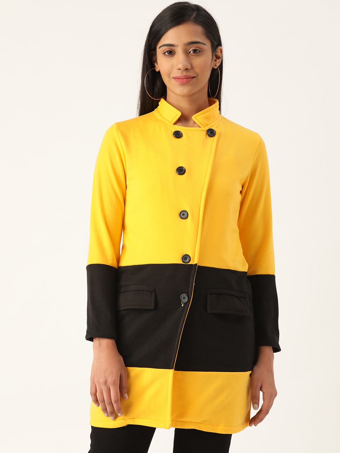 

Belle Fille Women Yellow & Black Colourblocked Coat
