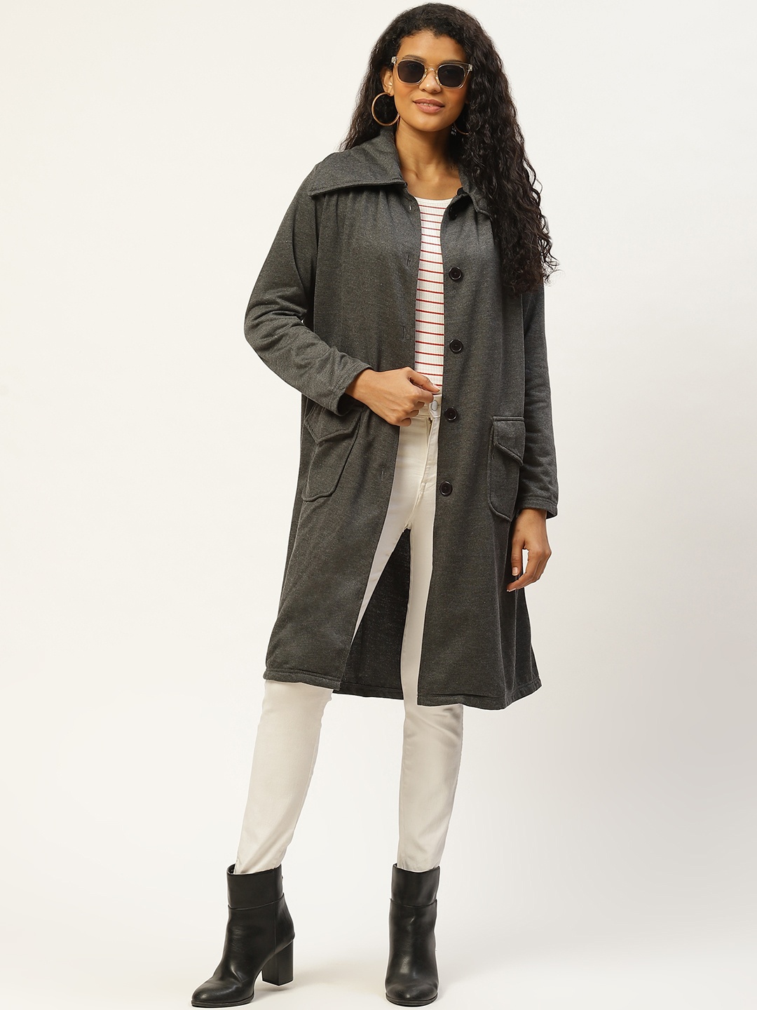 

Belle Fille Women Charcoal Grey Solid Overcoat