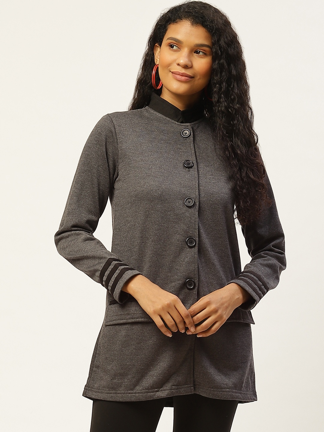 

Belle Fille Women Charcoal Grey Solid Hip-Length Coat