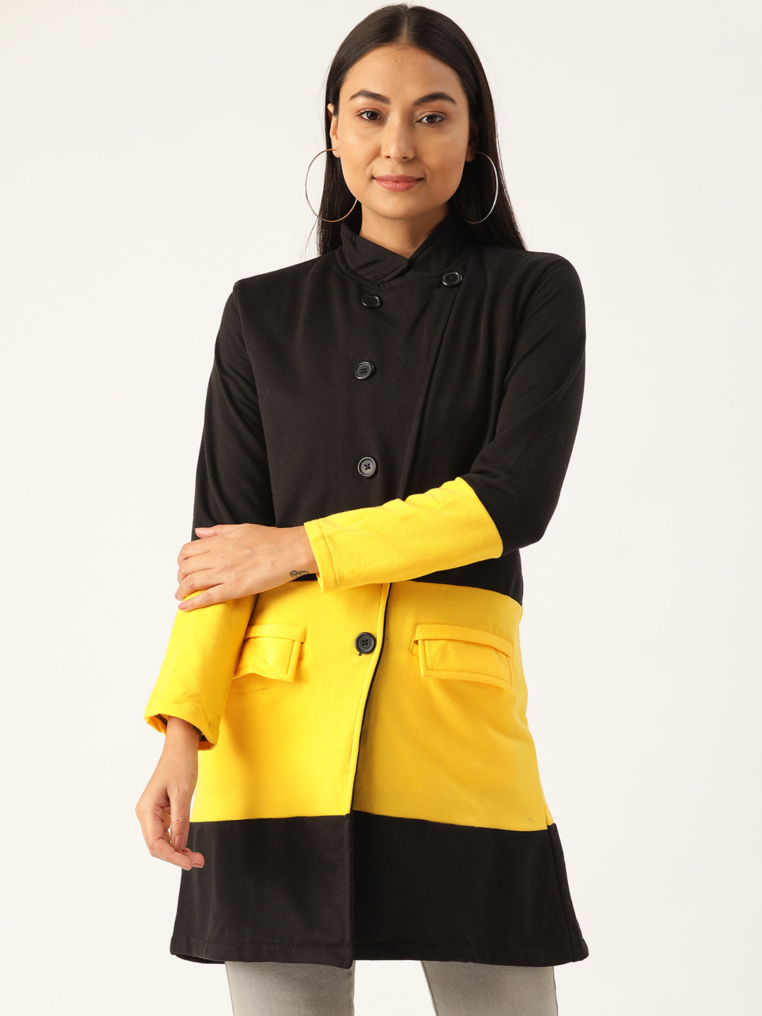 

Belle Fille Women Black & Yellow Colourblocked Coat