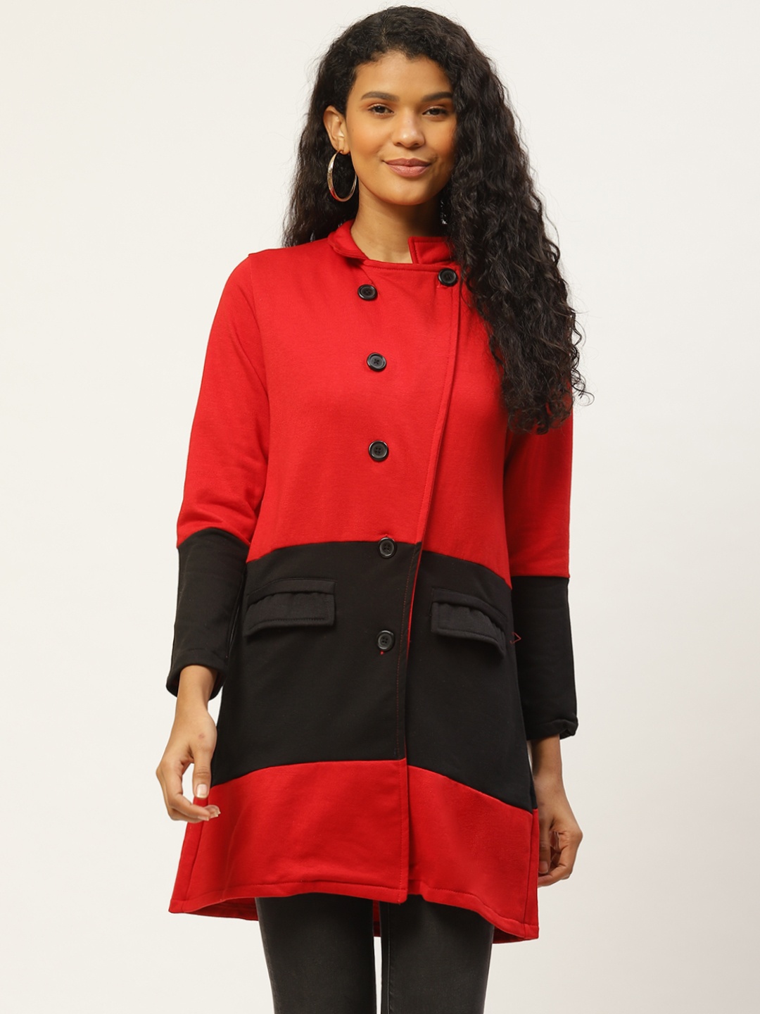 

Belle Fille Women Red & Black Colourblocked Overcoat