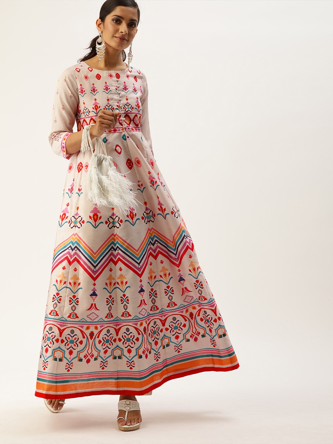 

Varanga Women Off-White & Pink Ethnic Printed Styled Back Anarkali Kurta