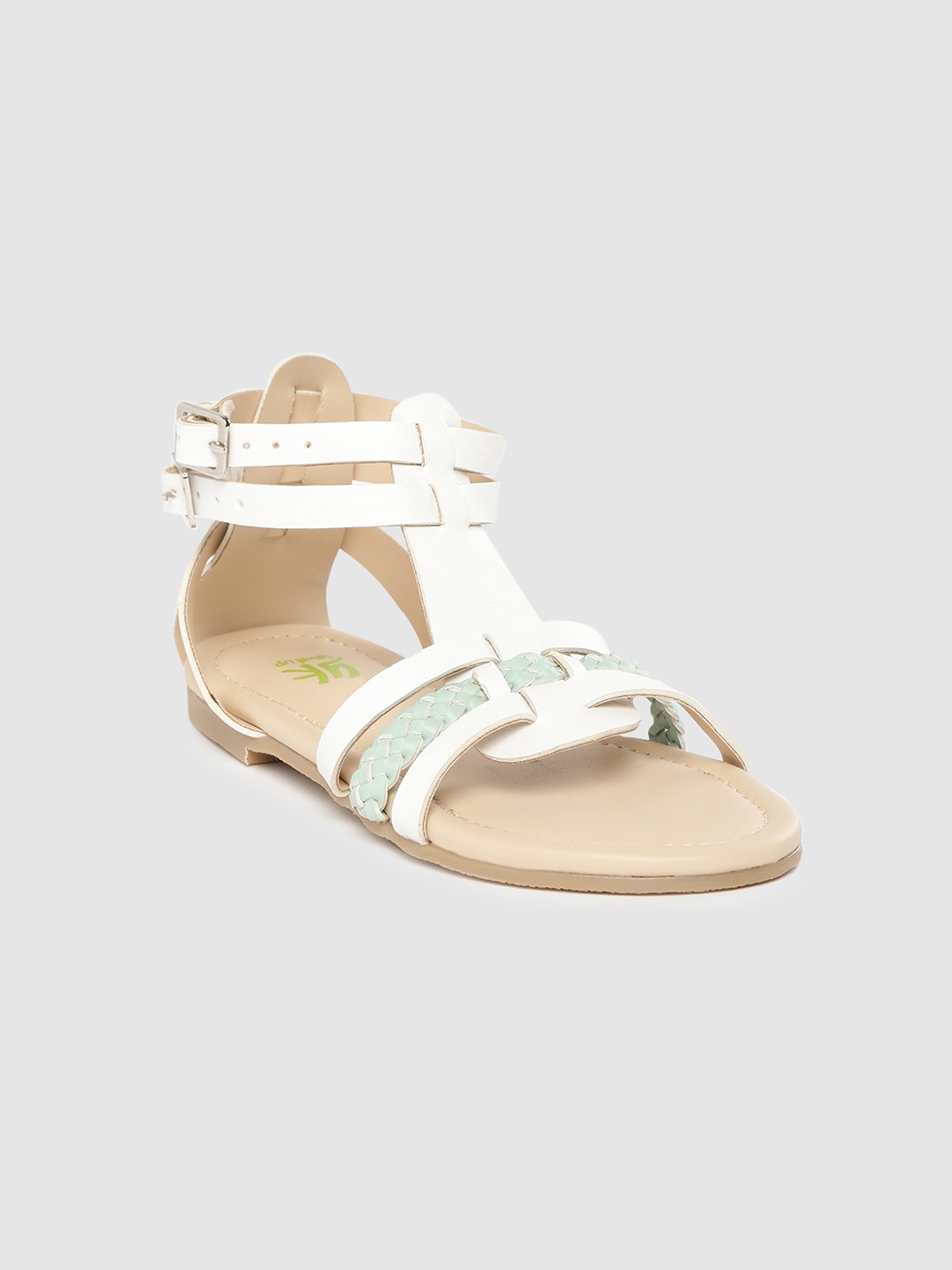 

YK Girls White & Green Solid Open Toe Flats With Braided Detail