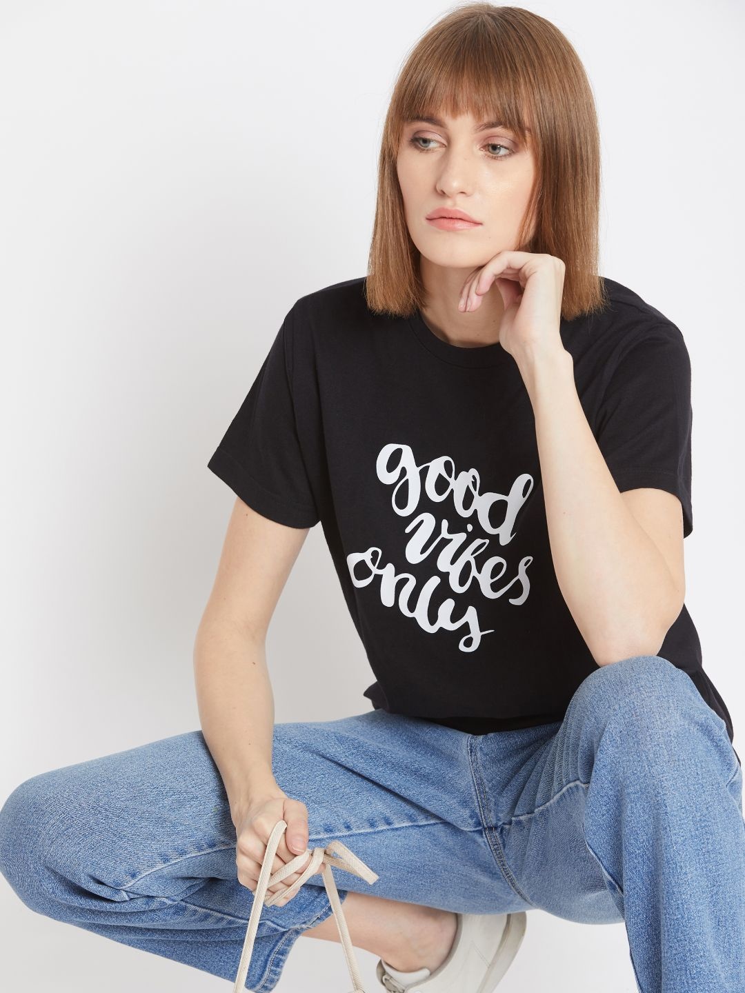 

Uptownie Lite Women Cotton Round Neck T-shirt, Black