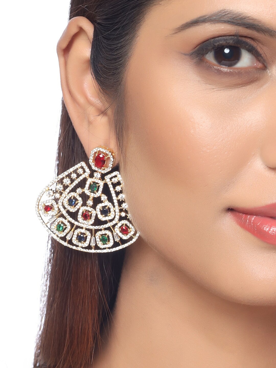 

Voylla Gold-Toned & Red Teardrop Shaped CZ Studded Drop Earrings