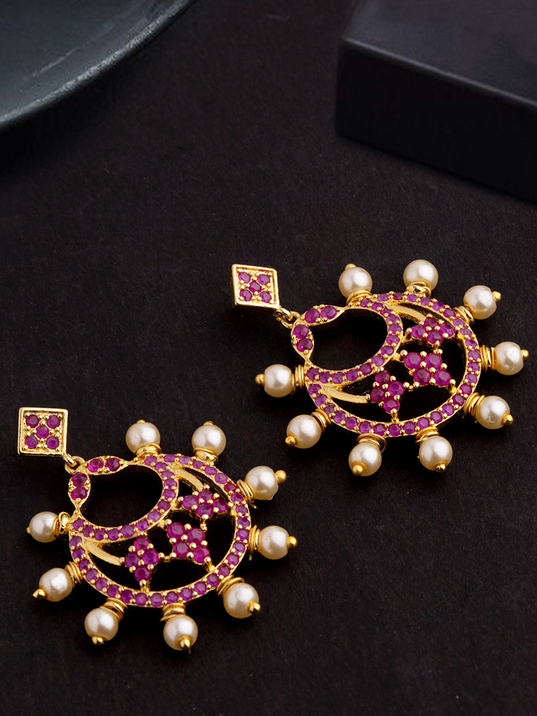 

Voylla Gold-Toned & Pink Classic Cutwork Design Drop Earrings
