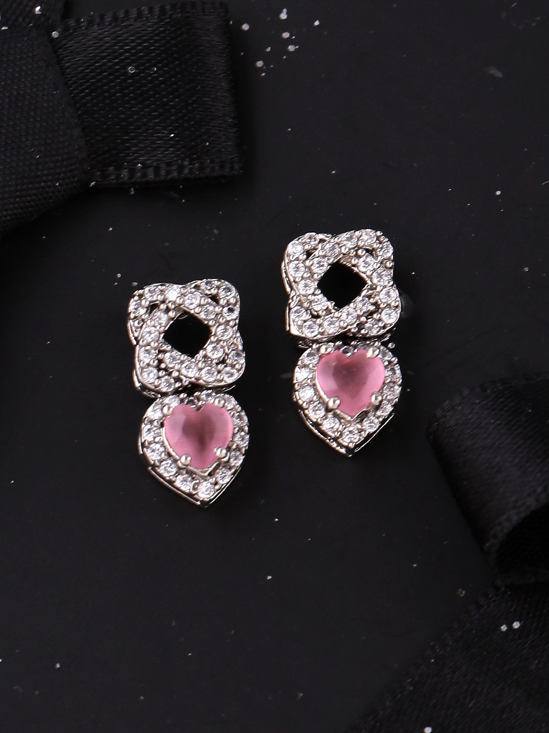

Voylla Silver-Toned & Pink Brass-Plated Heart CZ Studded Shaped Studs