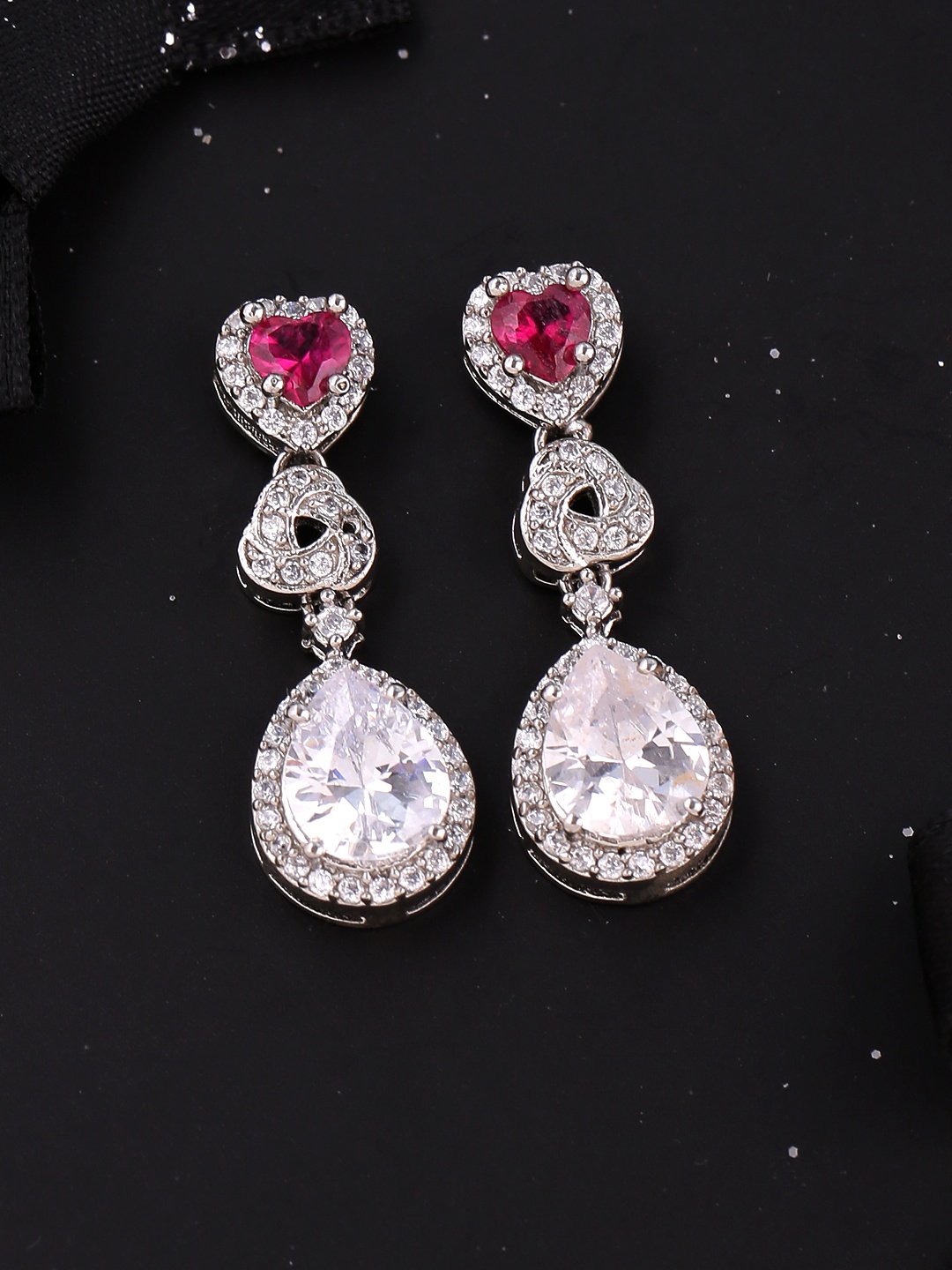 

Voylla Silver-Toned & Pink Teardrop Shaped Drop Earrings