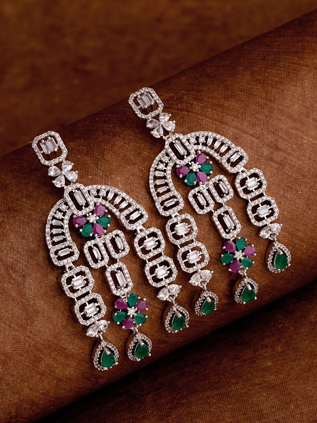 

Voylla Silver-Plated & White Classic CZ Studded Drop Earrings
