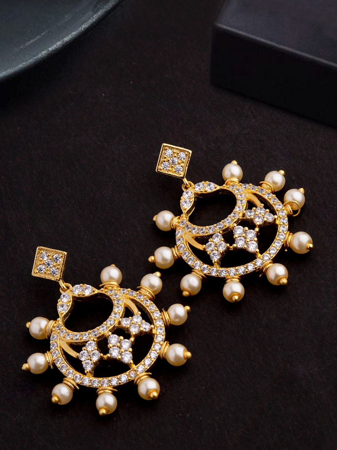 

Voylla Gold-Toned Brass-Plated Zircon Embellished Chandbalis