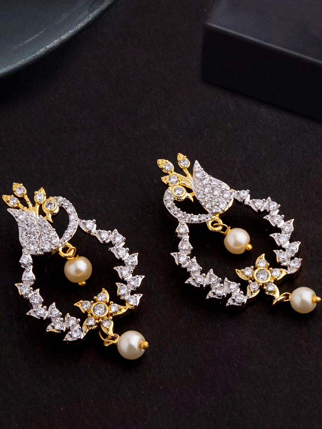 

Voylla Brass-Plated Gold-Toned & White Leaf Shaped Drop Earrings