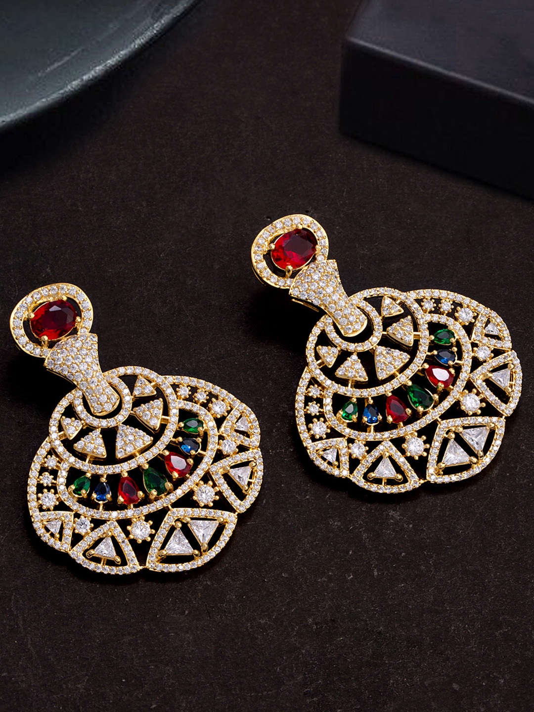 

Voylla Gold-Toned & Red Brass-Plated Zircon Embellished Drop Earrings