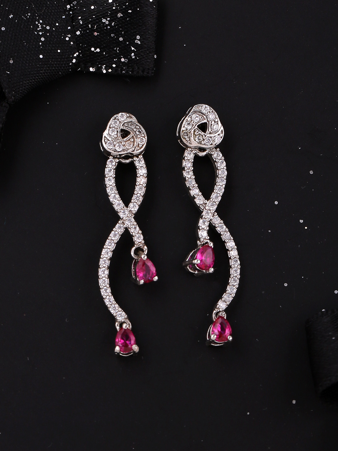

Voylla Silver-Toned & Pink Contemporary Drop Earrings