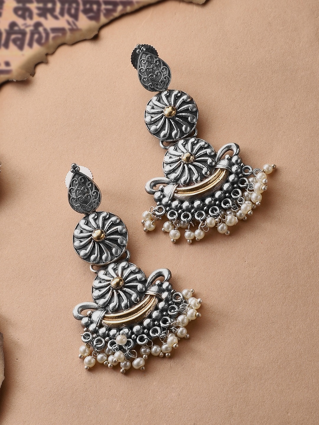 

Rubans Silver-Plated & White Handcrafted Oxidised Filigree Pearl Studded Drop Earrings